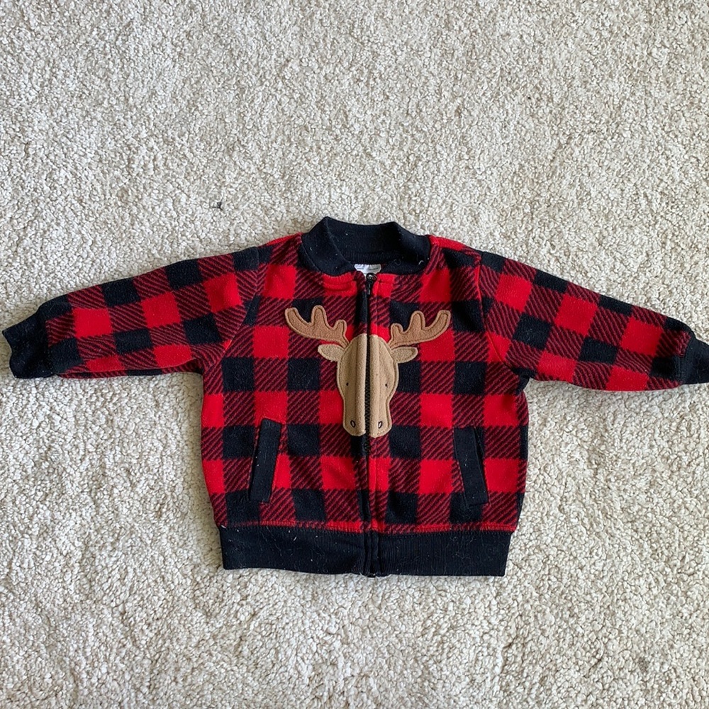 Plaid moose full zip sweater